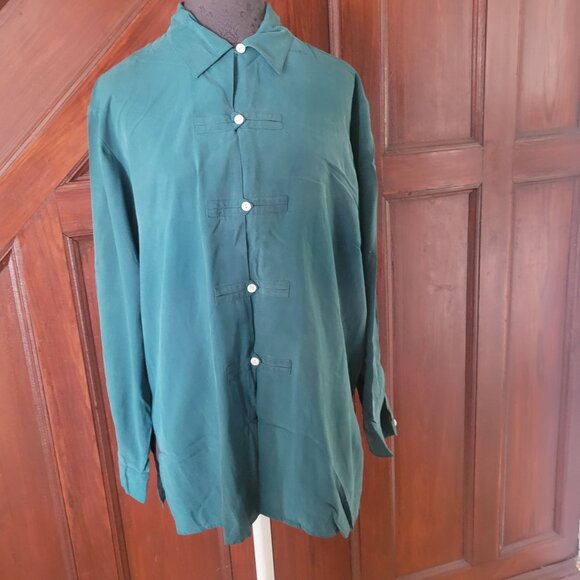 Vintage Richini Silk Button-Up Shirt Green Long Sleeve Size L - Picture 1 of 4